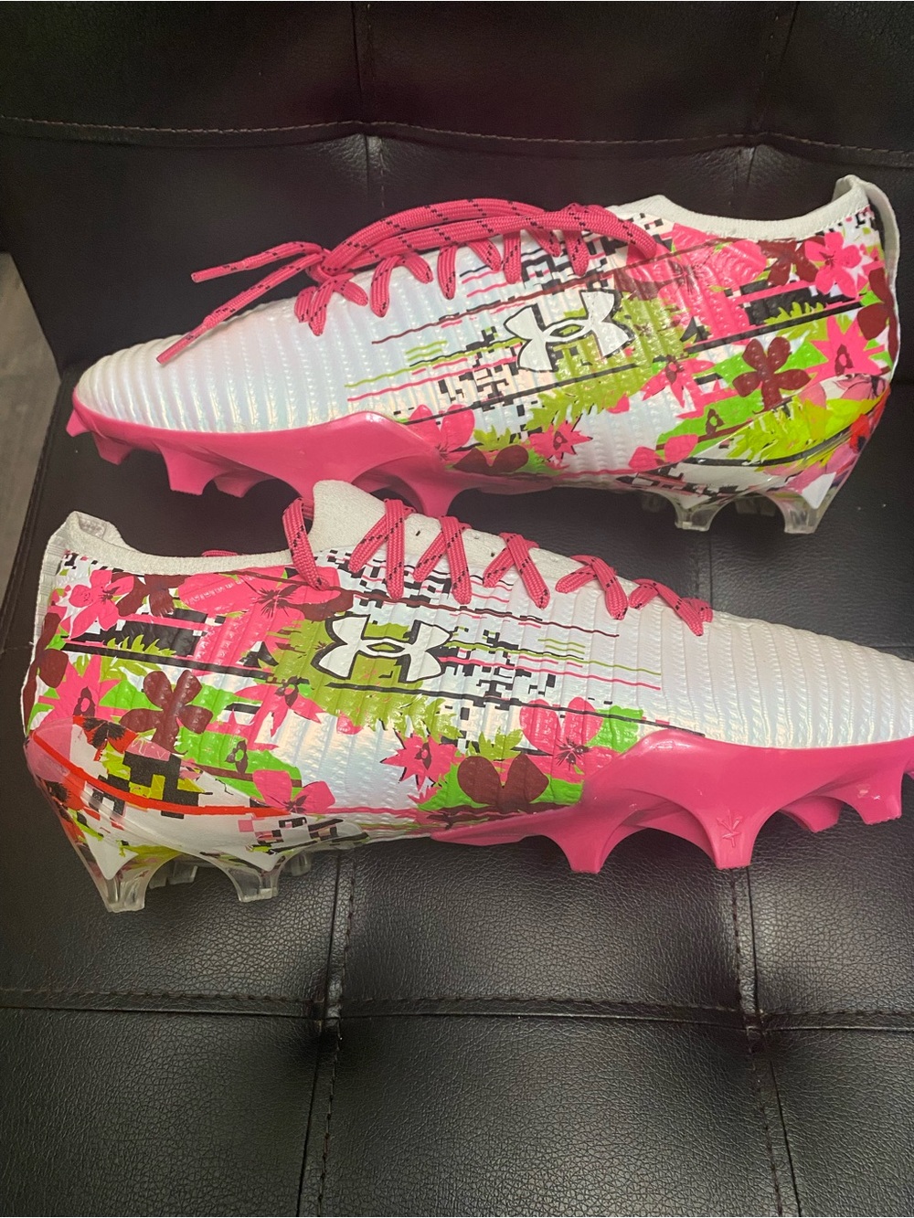 Under Armour White lacrosse/football Cleats with Pink & Neon Green Floral Accent